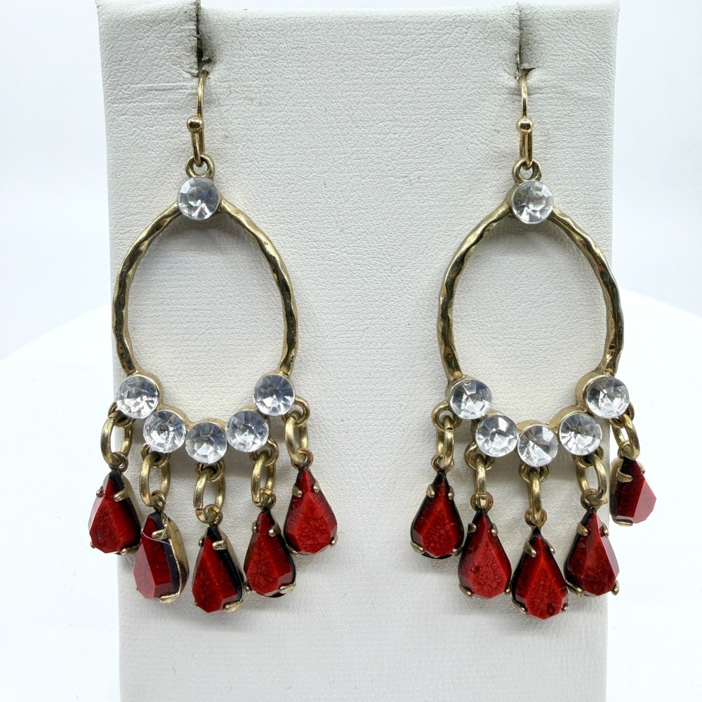 Vintage Boho Brass Red Teardrop Chandelier Earrings with Crystal Accent